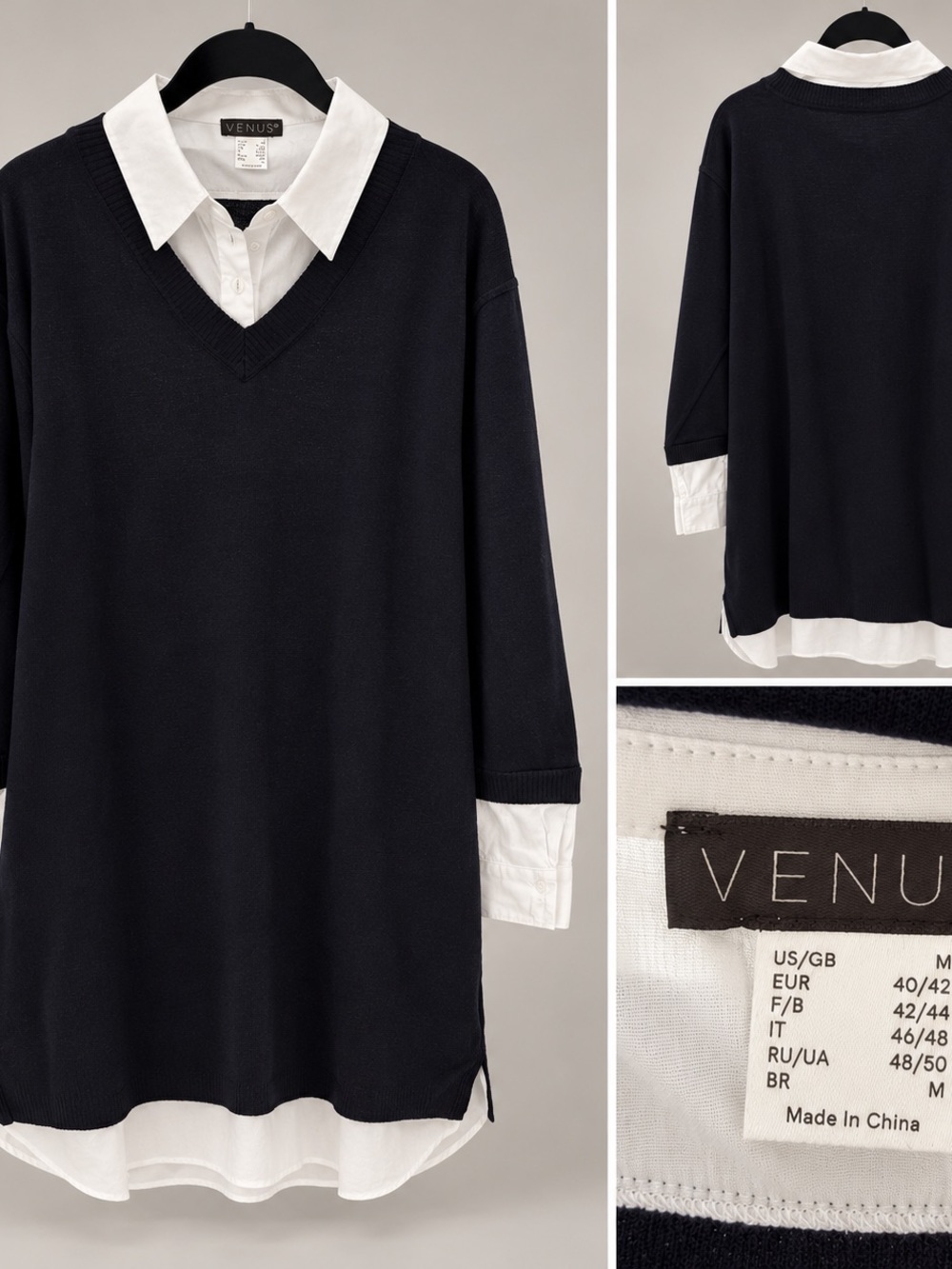 VENUS Black V-Neck Sweater with White Shirt Trim
